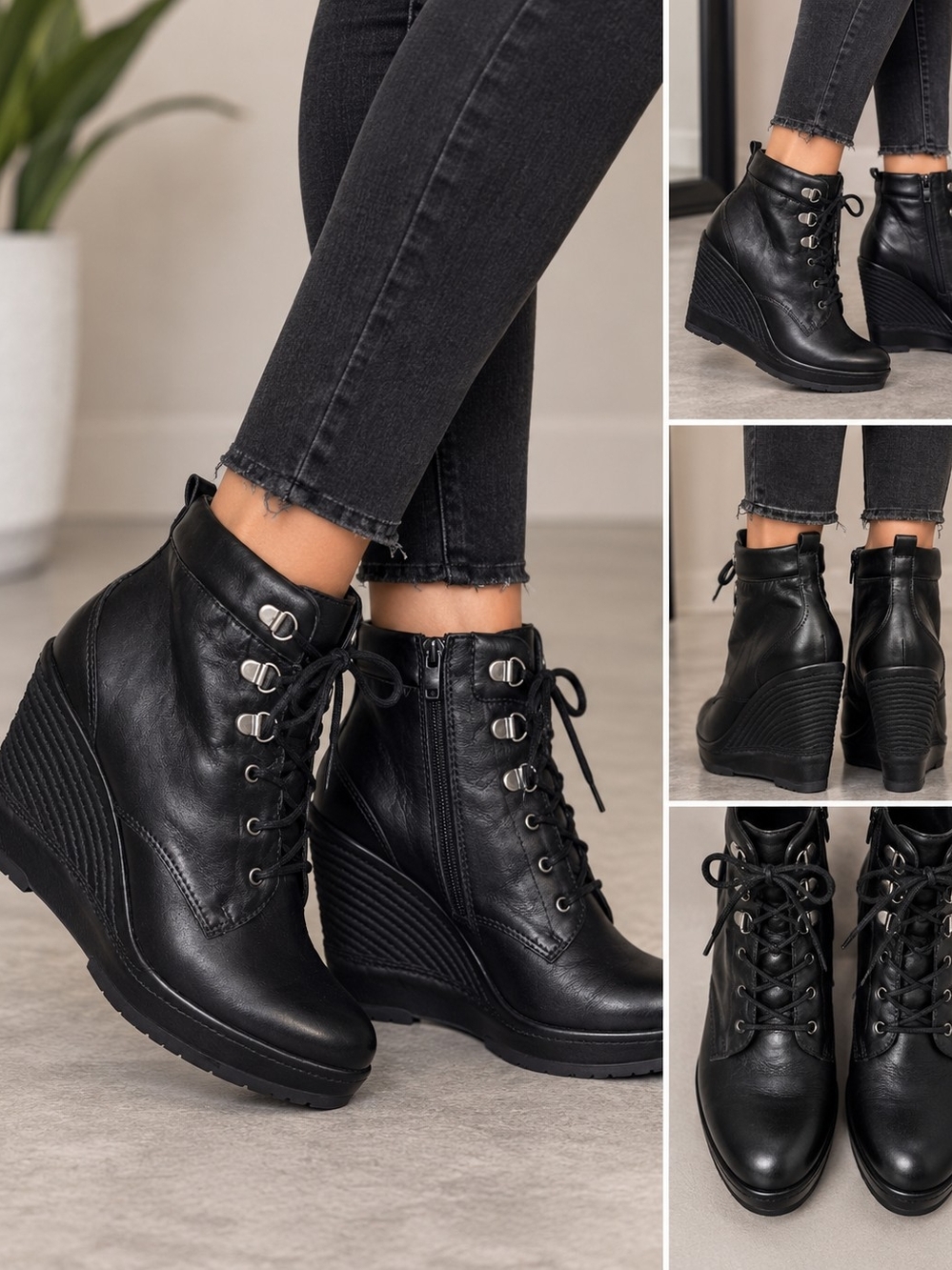GEOX Black Leather Lace Up Wedge Ankle Boots EU 41 Side. US Size 10. 5- 11